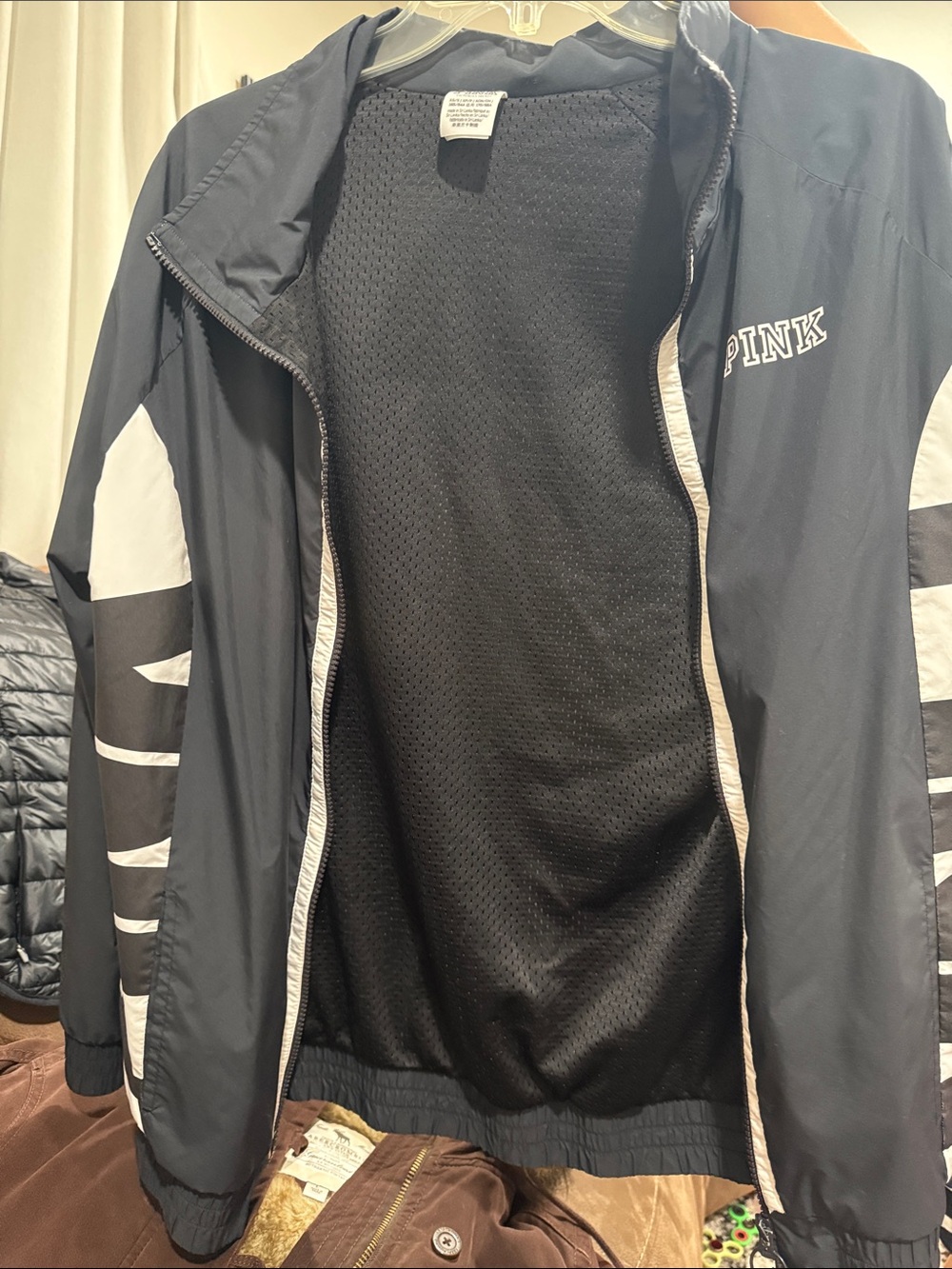 PINK Victoria's Secret Black Windbreaker Jacket with White Panels